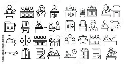 Collection of court-related icons, including judges, lawyers, and courtrooms. The icons are arranged in a grid, with some overlapping and others standing alone. Scene is serious and formal