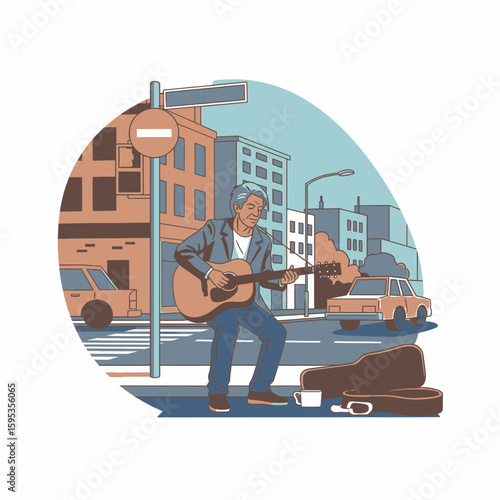 A street musician plays an acoustic guitar on a city street, surrounded by buildings and cars.