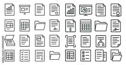 Set of paper icons, such as a sign, a check, a folder, and a calendar, are displayed in a grid. These icons are often used in digital interfaces to represent various types of documents or files