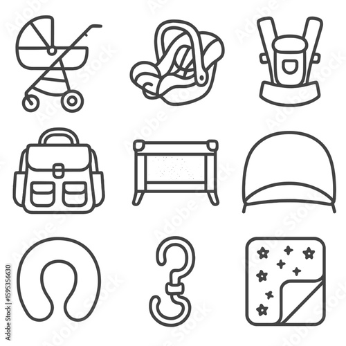 Icon stroller baby crib bag neck travel sunshade blanket pillow vector