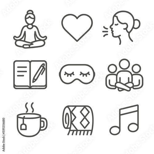 Breathing music warm icon journal wellness support mask postpartum pose tea icons