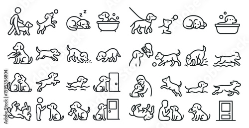 Series of dog illustrations in various poses, including one that is sleeping. The images are drawn in a stylized, cartoonish way