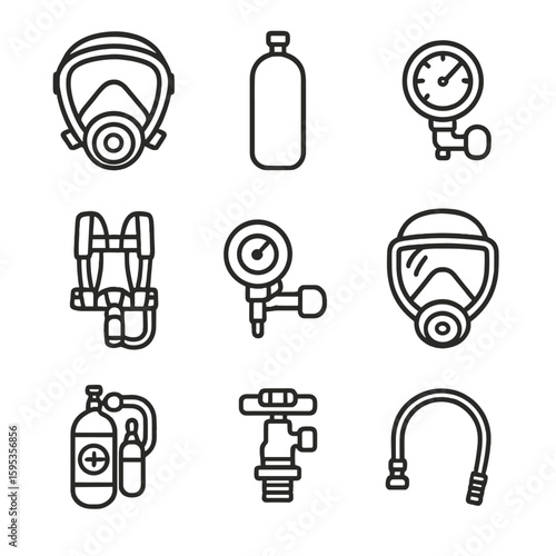 Hose face air vector icon breathing shield pressure rescue harness firefighter oxy