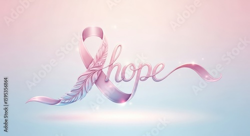 Pink ribbon shaped into the word hope with feather accents symbolizing strength and resilience
