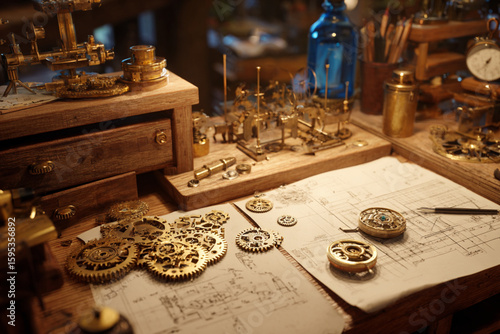 Intricate steampunk workshop full of gears and blueprints showcasing craftsmanship and creativity