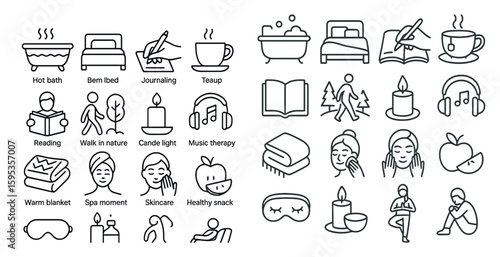 Set of icons for relaxation and wellness. The icons include a person reading a book, a person meditating, a person taking a bath, a person using a facial mask, a person using a facial scrub