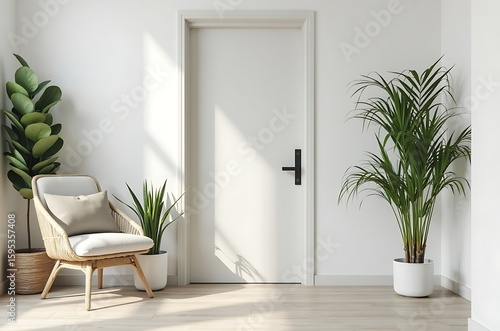 Serene Minimalist White House Interior with Green Plants and Sunlight ai generated