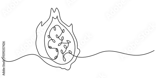 Single continuous line drawing whole healthy organic dragon fruit for orchard logo identity. Fresh dragonfruit concept for fruit garden icon, Continuous one single minimal line Dragon Fruit, pitaya.