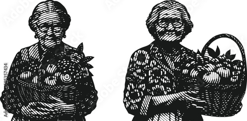  Monochrome Engraving of Grandma with Glasses Holding Fruit Basket – Vintage Style Line Art Illustration – Black and White Halftone Sketch for Classic Decor, Poster, or Template Use