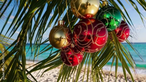 Tropical Holiday Adornments: Christmas Baubles on Beach in Caribbean Nation