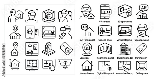 Collection of icons for virtual reality and home design. The icons include a person wearing a virtual reality headset, a house, a chair, a couch, a laptop, a cell phone, a tablet, a computer mouse