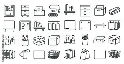 Collection of office supplies and furniture. The items include a desk, a chair, a computer, a keyboard, a mouse, a monitor, a bookshelf, a filing cabinet, a desk organizer, a basket, a cup