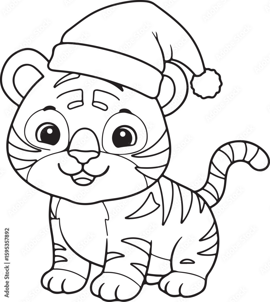 Fototapeta premium Smiling cartoon tiger cub with Santa hat and striped tail, front view, black and white outline for holiday page