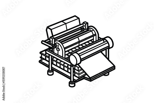 Isometric line art illustration of a vintage printing press perfect for representing traditional publishing letterpress printing or historical printing methods in a modern design