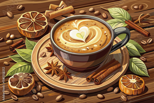 vector of Aromatic homemade coffee custard garnished with cinnamon and dried mushrooms on a rustic wooden surface. Stylish and perfect decoration for coffee shop.