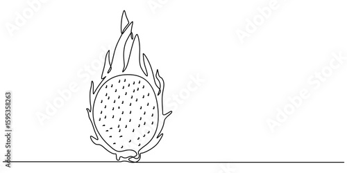 Single continuous line drawing whole healthy organic dragon fruit for orchard logo identity. Fresh dragonfruit concept for fruit garden icon, Continuous one single minimal line Dragon Fruit, pitaya.