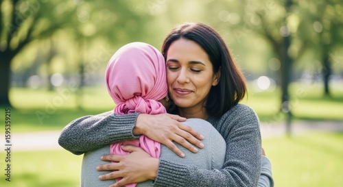 Two women hugging in a park supporting each other through difficult times