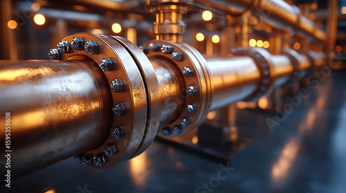 Close-up of Industrial Copper Pipes and Flanges in a Refinery or Factory Setting