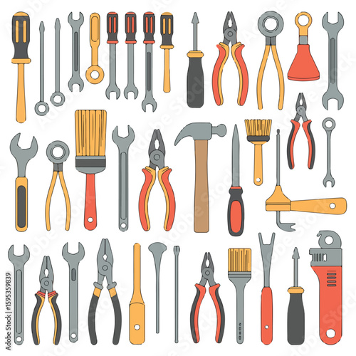 A collection of various hand tools arranged on a white background.  