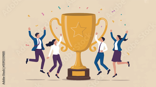 A flat design illustration of four diverse business people celebrating around a large golden trophy cup. The trophy has a star emblem on its side and two curved handles on either side .