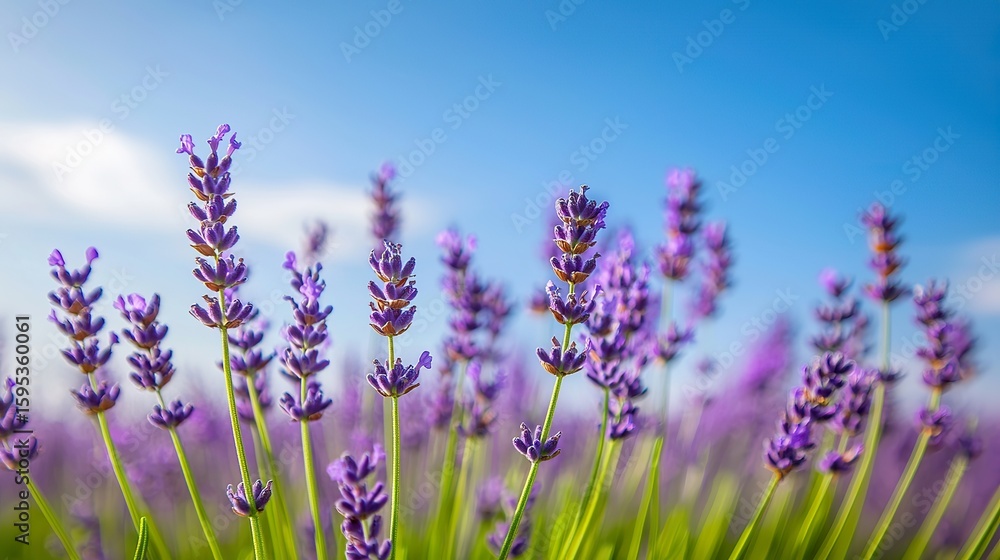 Obraz premium Field of lavender in bloom under a blue sky, fragrant, colorful, serene