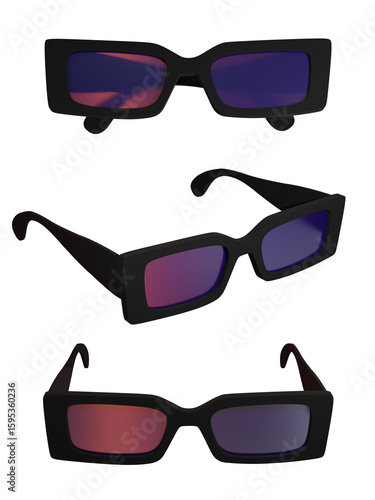 Sunglasses with colored lenses in folded and unfolded form, isolated on transparent background. 3D render.