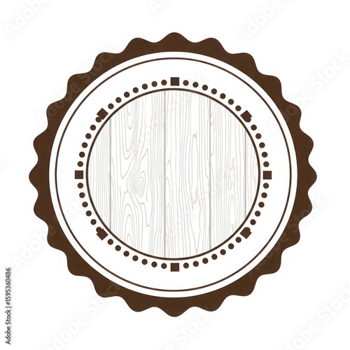 A circular badge with a scalloped edge and a wood grain texture inside, framed by dots and squares.