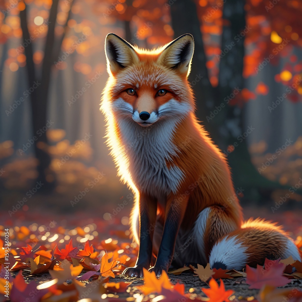 Obraz premium Elegant Red Fox Amidst Vibrant Fall Foliage with Cinematic Natural Lighting