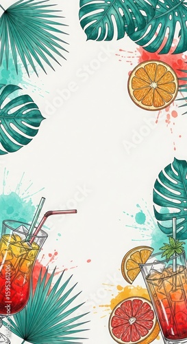 Tropical themed illustration with cocktails, citrus fruits, and monstera leaves on a white background.