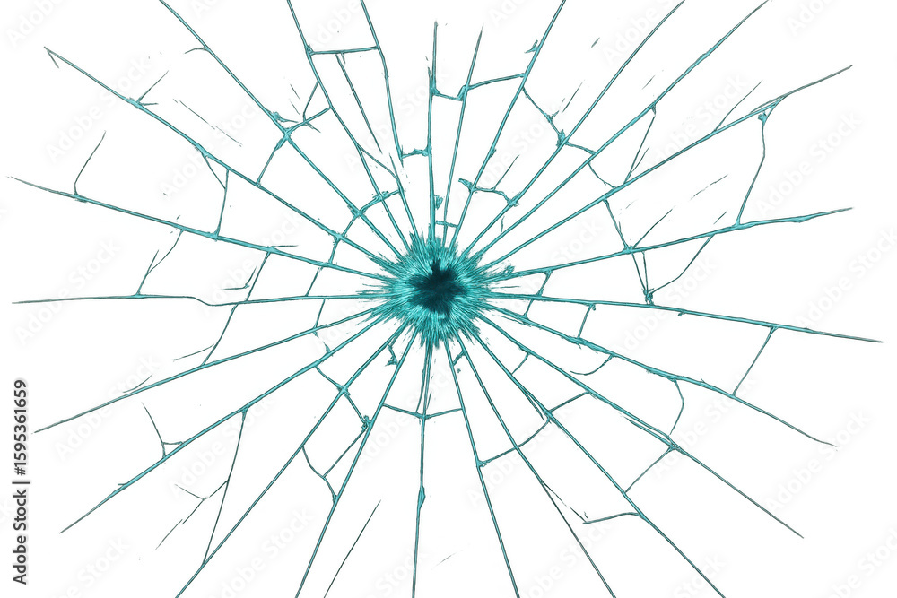 Obraz premium Broken glass effect with radial cracks spreading from the center, isolated on transparent background