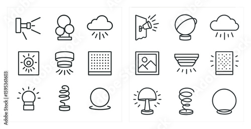 Set of icons for a light fixture. The icons include a light bulb, a lamp, a camera, a clock, a sun, a cloud, a mountain, a fire hydrant, a smoke detector, a picture, a bowl
