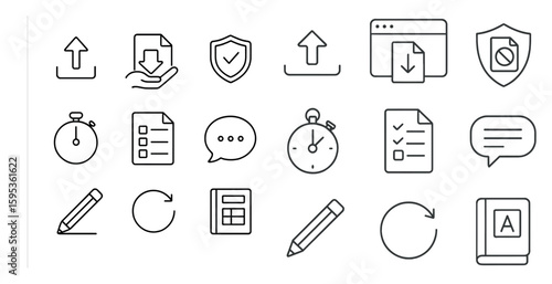 Set of icons for a computer program. The icons include a clock, a book, a pen, a calculator, a shield, a check mark, and a down arrow