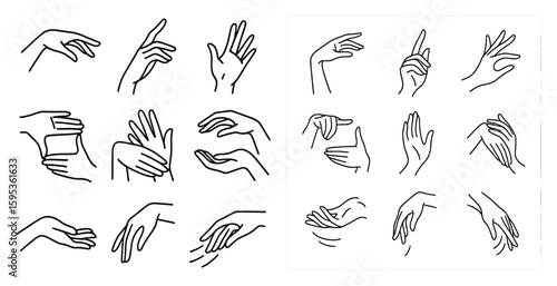 The image is a collection of stylized hand drawings. The hands are depicted in various positions, with some hands holding objects like a card, a bottle, and a cup. Scene is artistic and creative
