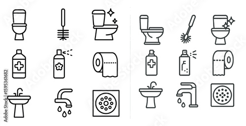 Set of toilet symbols and icons. The symbols include a toilet brush, toilet paper, and a bottle of toilet cleaner. The icons are arranged in a grid, with some symbols overlapping each other