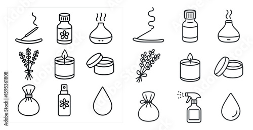 The image is of various items related to aromatherapy and relaxation. There are several bottles, including one with a flower on it, and a vase with a candle in it. There are also some bags