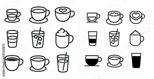 Collection of various coffee cups and glasses, including mugs, cups, and glasses. The cups and glasses are arranged in different sizes and shapes, with some having handles and others without