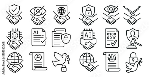 Set of icons that represent different types of agreements and contracts. The icons include a handshake, a key, a globe, a person, a bird, a person with a smile, a person with a frown