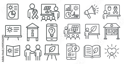 Series of icons that represent different things such as a book, a cell phone, a person, a house, a building, a person with a book, a person with a cell phone, a person with a computer, a person with