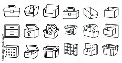 Collection of storage containers in various shapes and sizes. Some of the containers are open, while others are closed. The containers are arranged in a row, with some placed next to each other