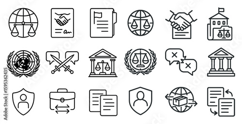 Set of icons for various professions and concepts, including a judge, a lawyer, a court, a building, and a globe