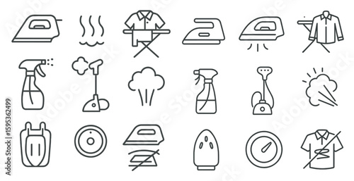 Set of icons for laundry and cleaning supplies. The icons include a spray bottle, a bottle of cleaner, a bottle of fabric softener, a bottle of detergent, a bottle of stain remover