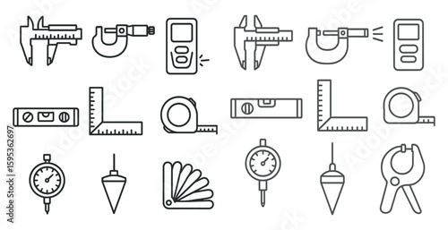 Collection of tools and measuring devices are shown in a line drawing. The tools include a tape measure, a level, a ruler, a protractor, and a compass. Concept of precision and accuracy