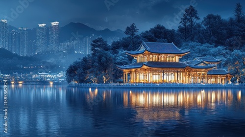 Night Serenity: Illuminated Pavilion on a Tranquil Lake with City Skyline