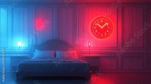 Neon Nights: A Serene Bedroom Scene Illuminated by Vibrant Red and Blue Lights