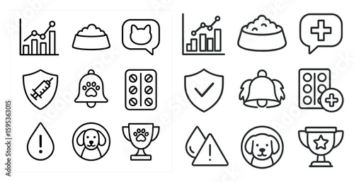 Set of icons for a pet care app. The icons include a bell, a dog, a cat, a bowl, a cup, a syringe, a pill, a trophy, a shield, a star, a heart, a cross