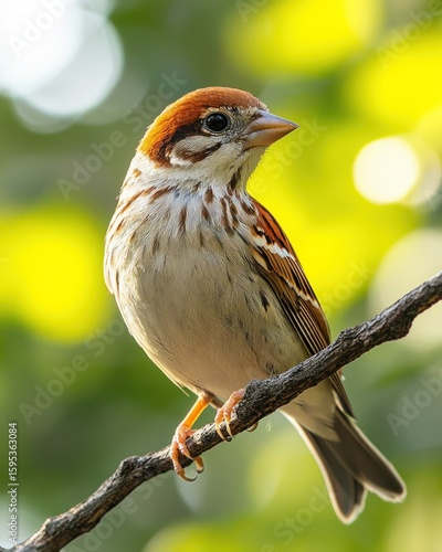 Rustic Sparrow Perched on Branch, Vibrant Nature Photography
