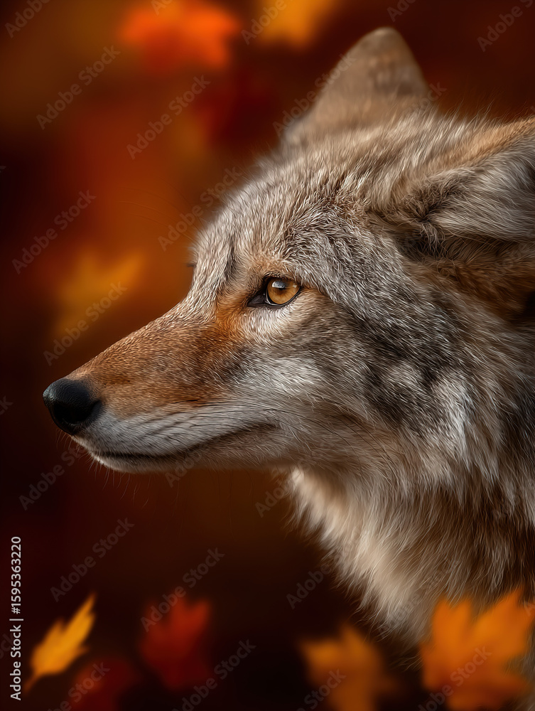 Fototapeta premium Side View of a Coyote Against a Vibrant Autumn Background
