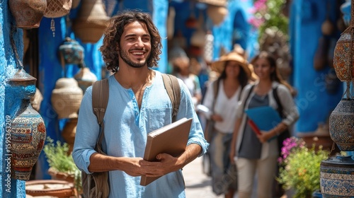 Smiling Traveler Exploring a Vibrant Blue City