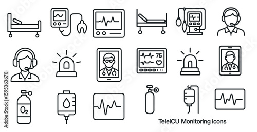 Set of icons for telehealth monitoring. The icons include a doctor, a nurse, a patient, a hospital bed, and a medical device. Scene is one of healthcare and medical care
