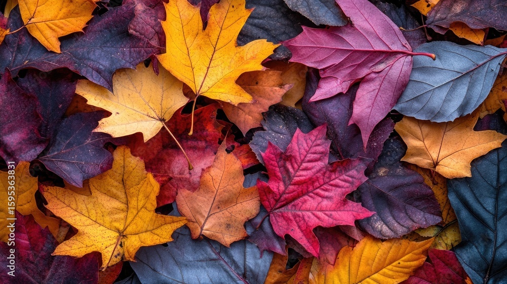 Obraz premium Stunning close-up of fallen autumn leaves showcasing their rich colors, intricate textures, and seasonal beauty.